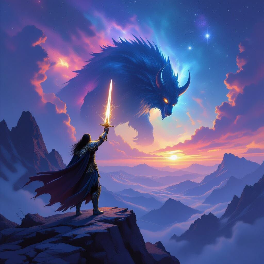 Illyrian Warrior Under Nebula Sky with Mythical Beast
