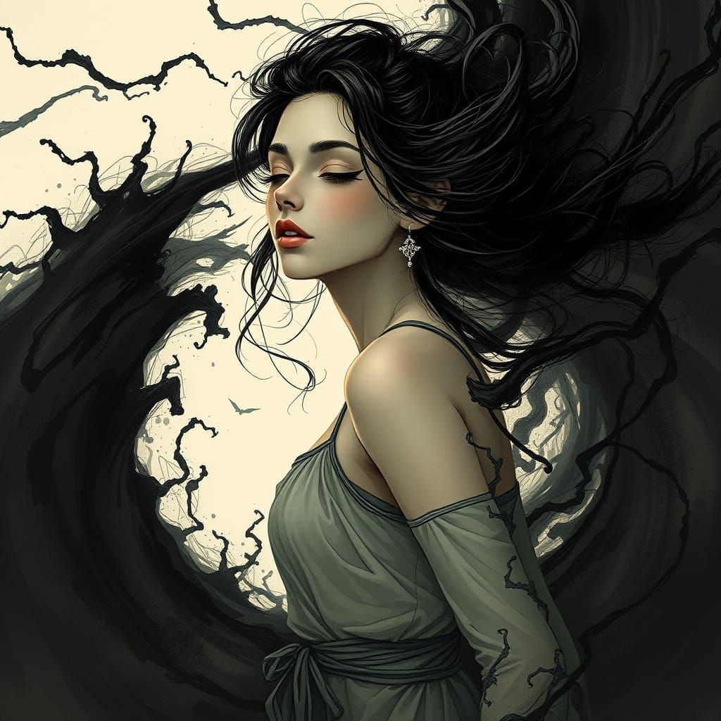 Elegant Woman Melts into Dark Ink Vortex