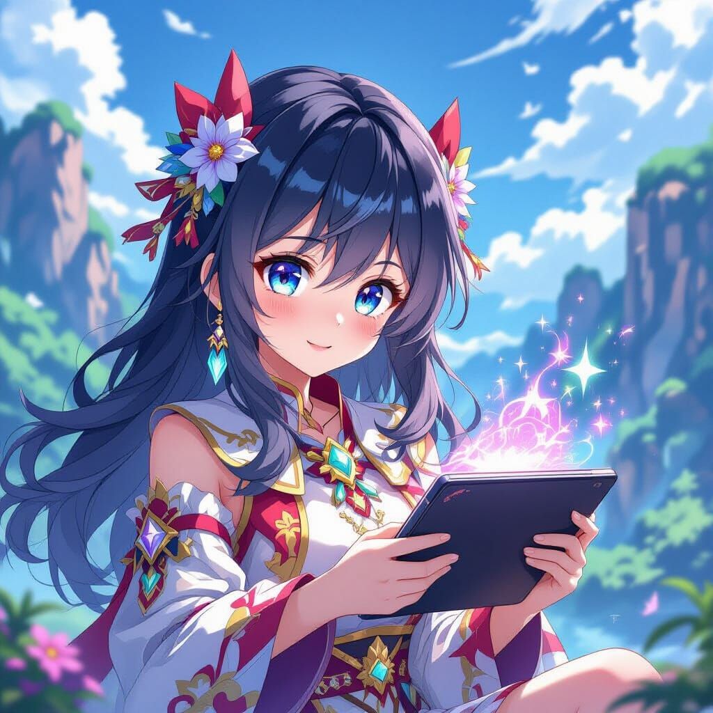 Anime Girl Plays Genshin Impact on Glowing Tablet