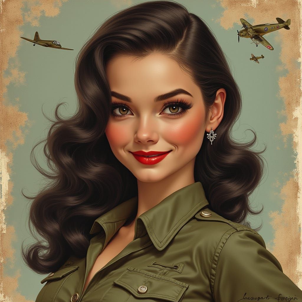 Pinup Girl in 1940s Army Attire Mixed-Media Portrait