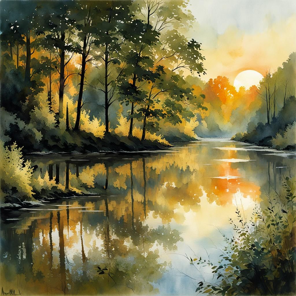 Forest Reflections on River in Art Brut Style