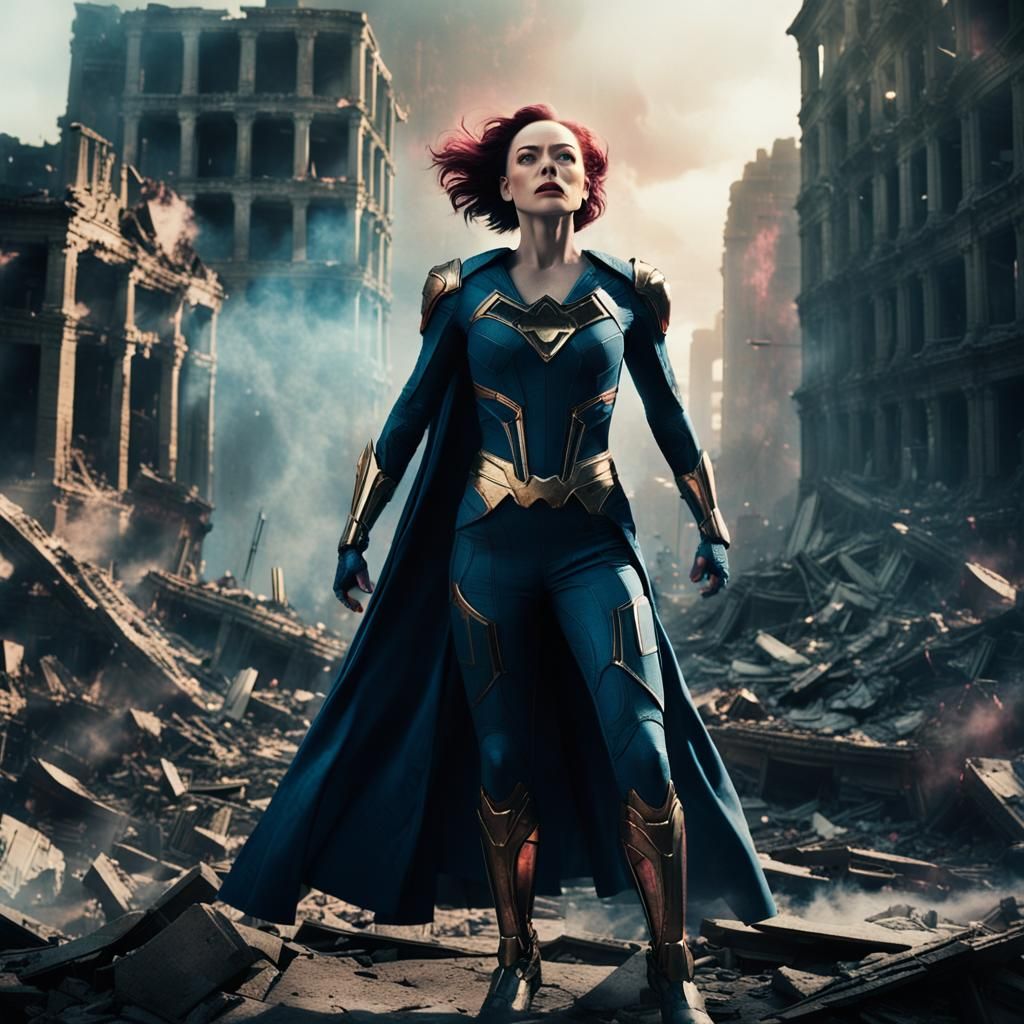 Rose McGowan Superhero Triumph in Ruined Cityscape
