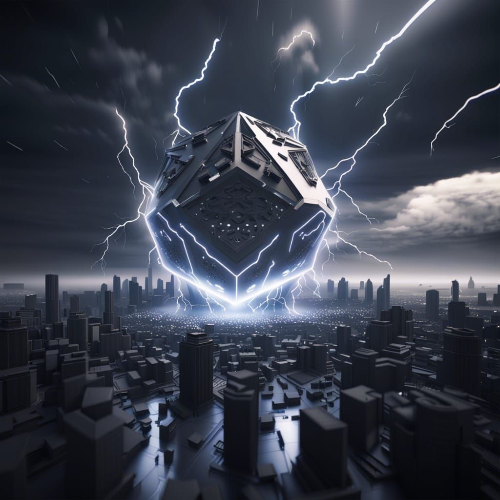 Dodecahedron City in Lightning Storm