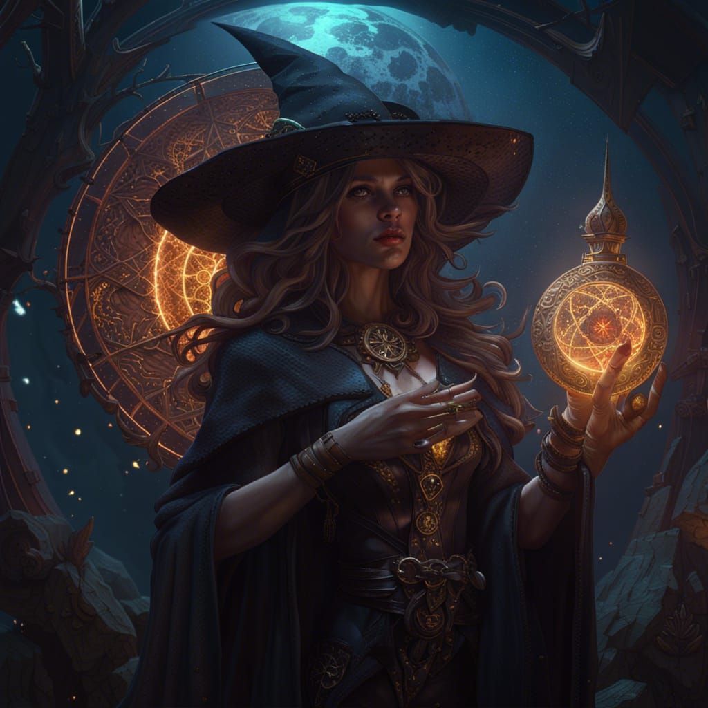 Witch immersed in Astrology: Dark Fantasy Art