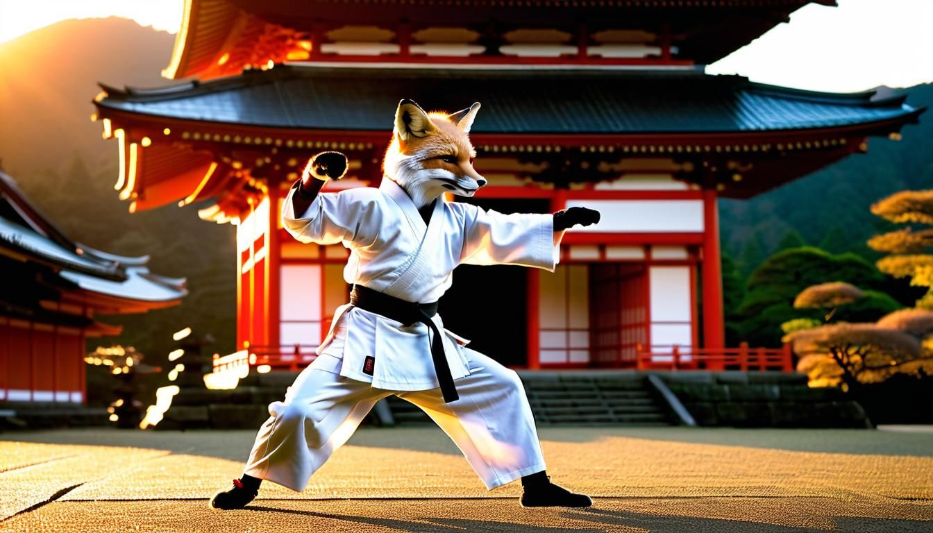 Fox Practicing Kata at Japanese Temple Sunset
