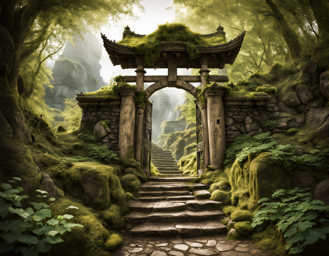 Watercolor Tori Gate on Giant Pencil Amidst Ruins