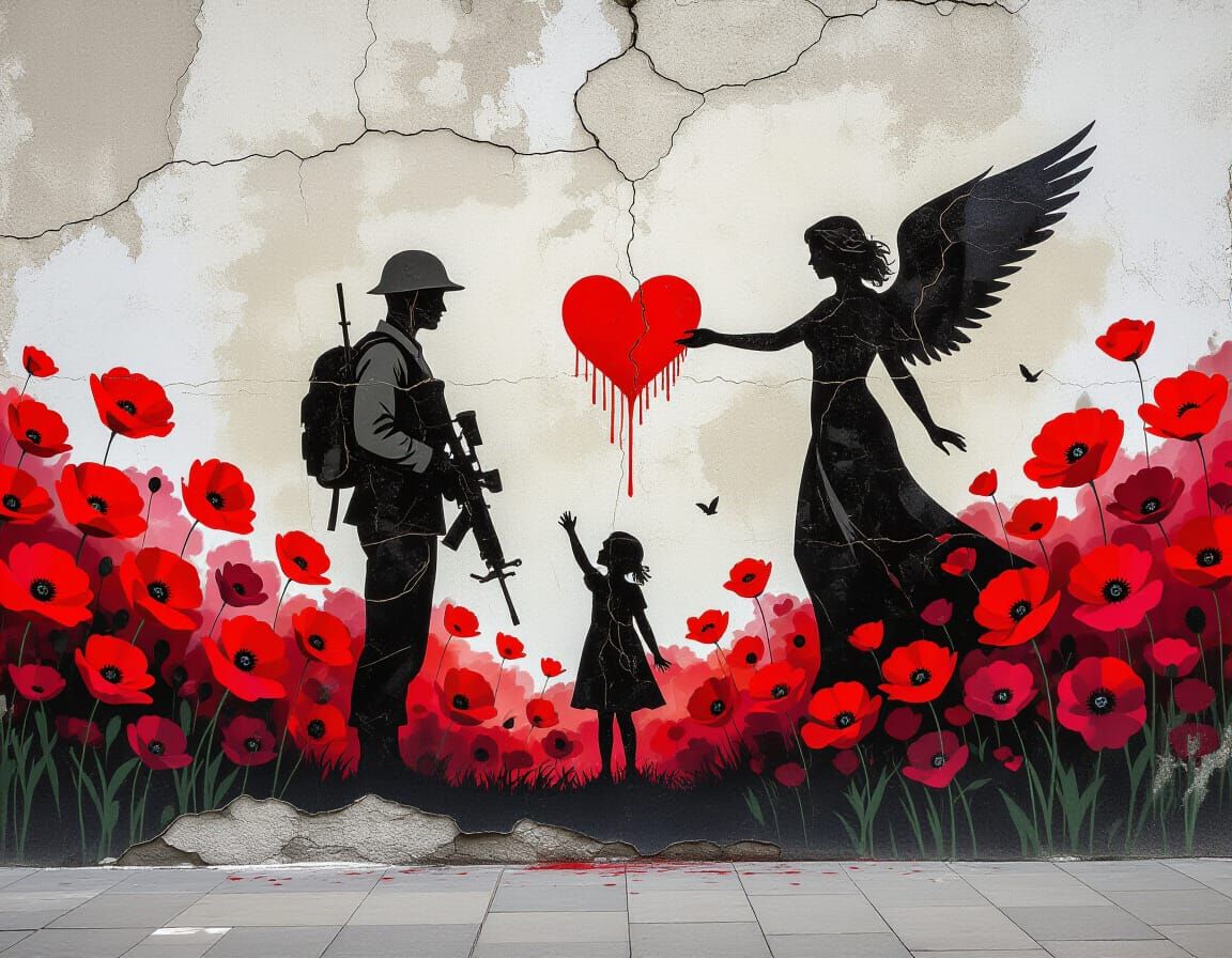 Soldier and Angel Poppies Mural in Street-Art Style