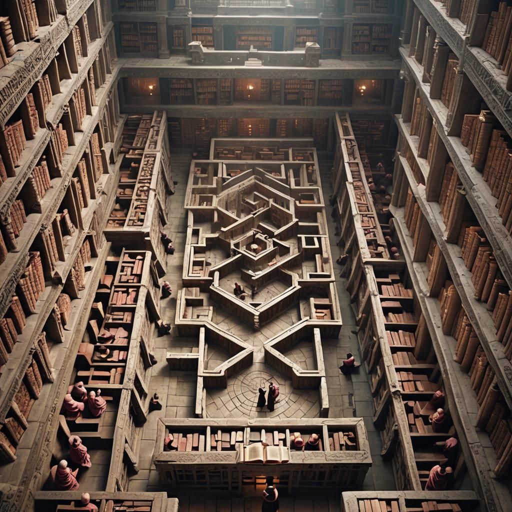 Labyrinthine Ancient Library Scene with Monks