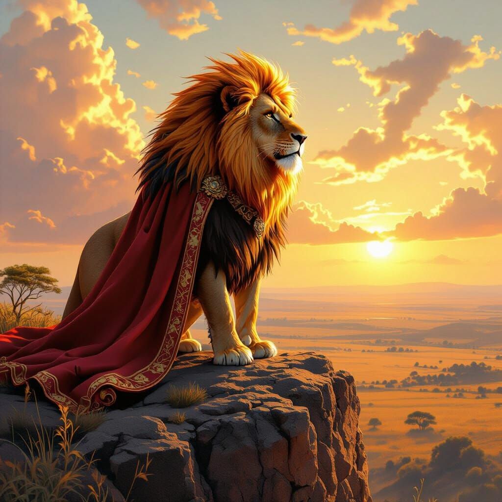 Lion with Flaming Mane Overlooking Savannah, Hyperrealistic ...