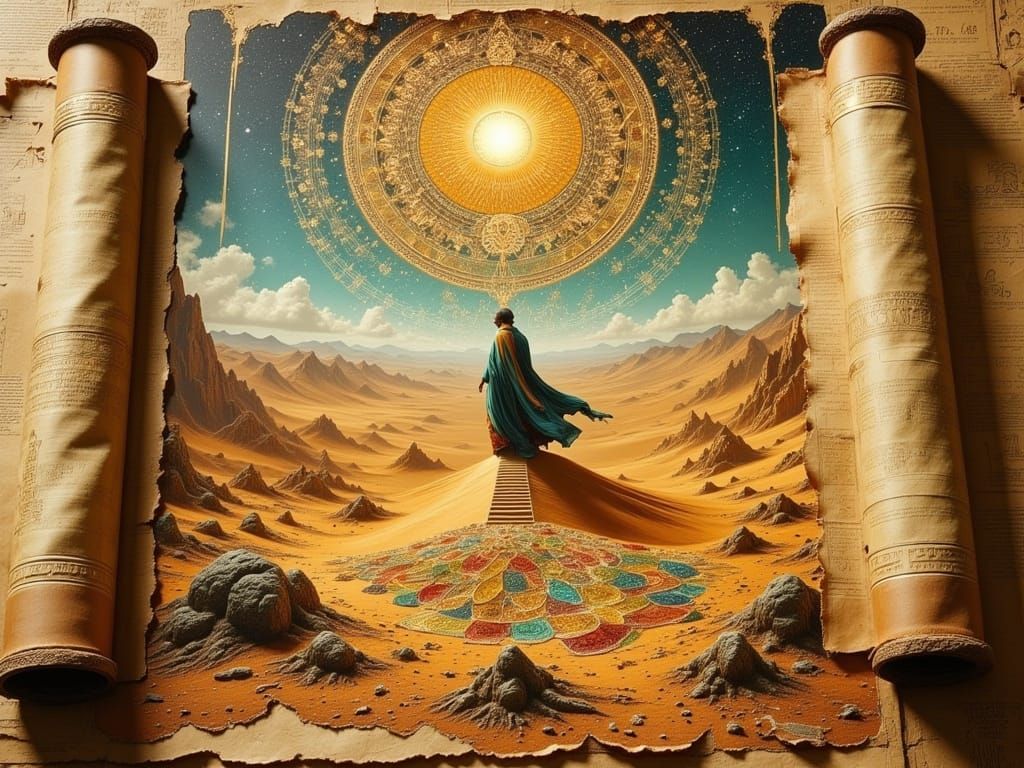 Ancient Scroll Unfurled with Vibrant Arabian Desert Scene