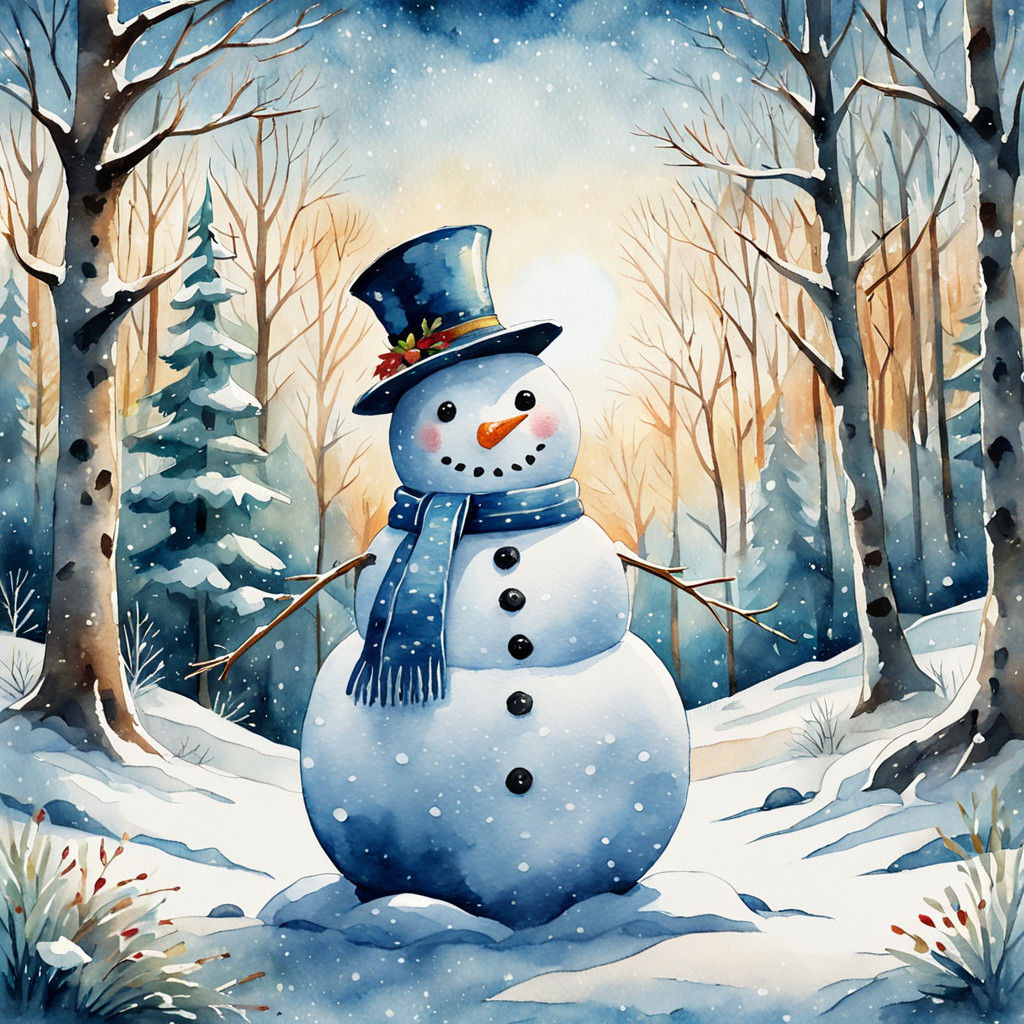 Watercolor Folk Art Snowman in Whimsical Woods Scene