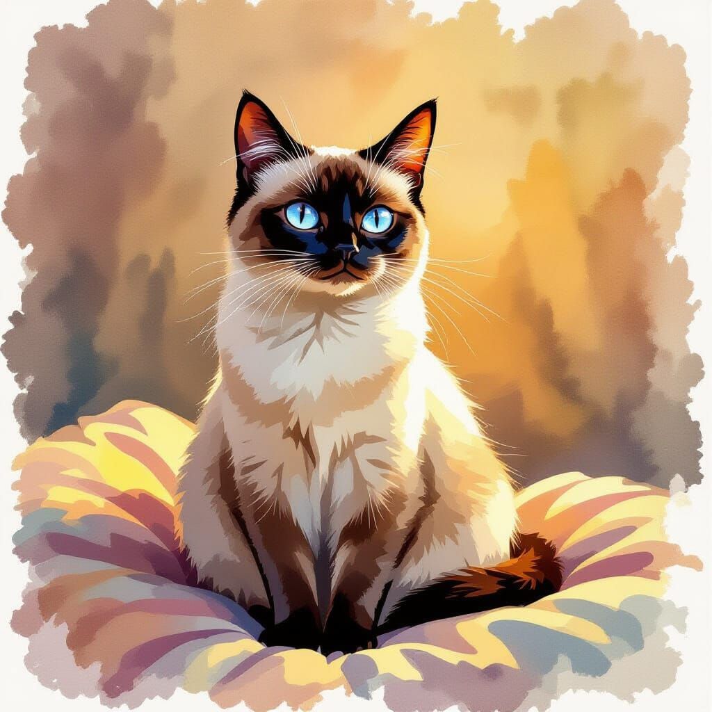 Siamese Cat Portrait in Expressive Watercolor Style