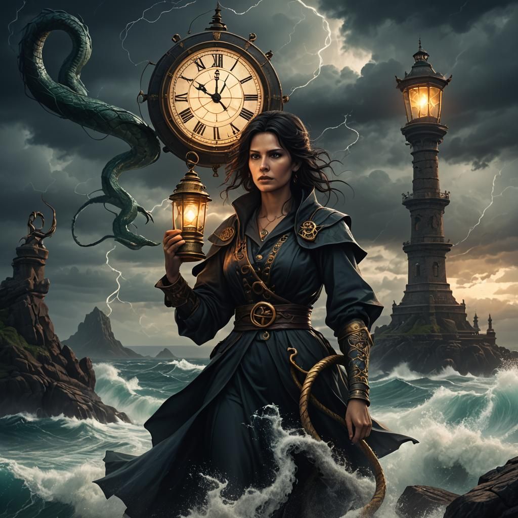 Mysterious Woman in Clock Tower by Stormy Ocean