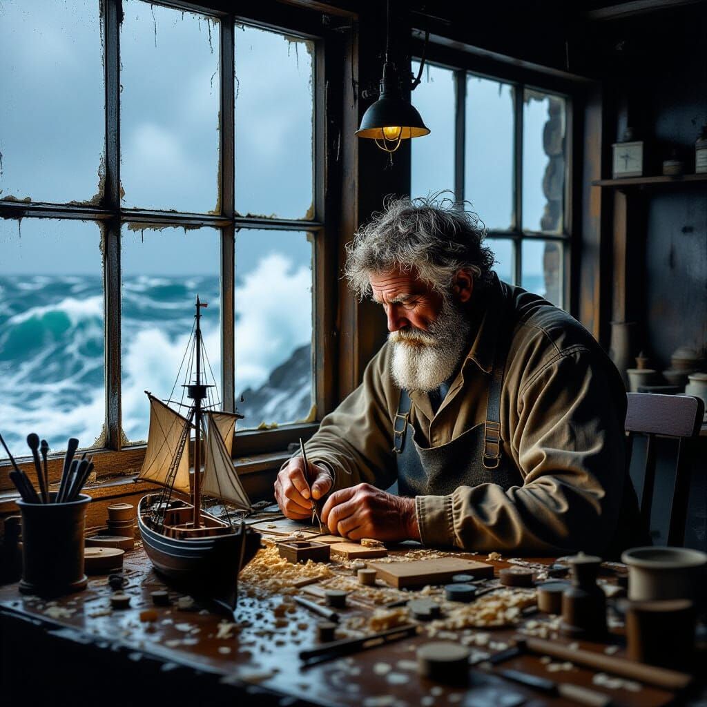 Lighthouse Keeper Crafts Ship Models Amidst Stormy Seas