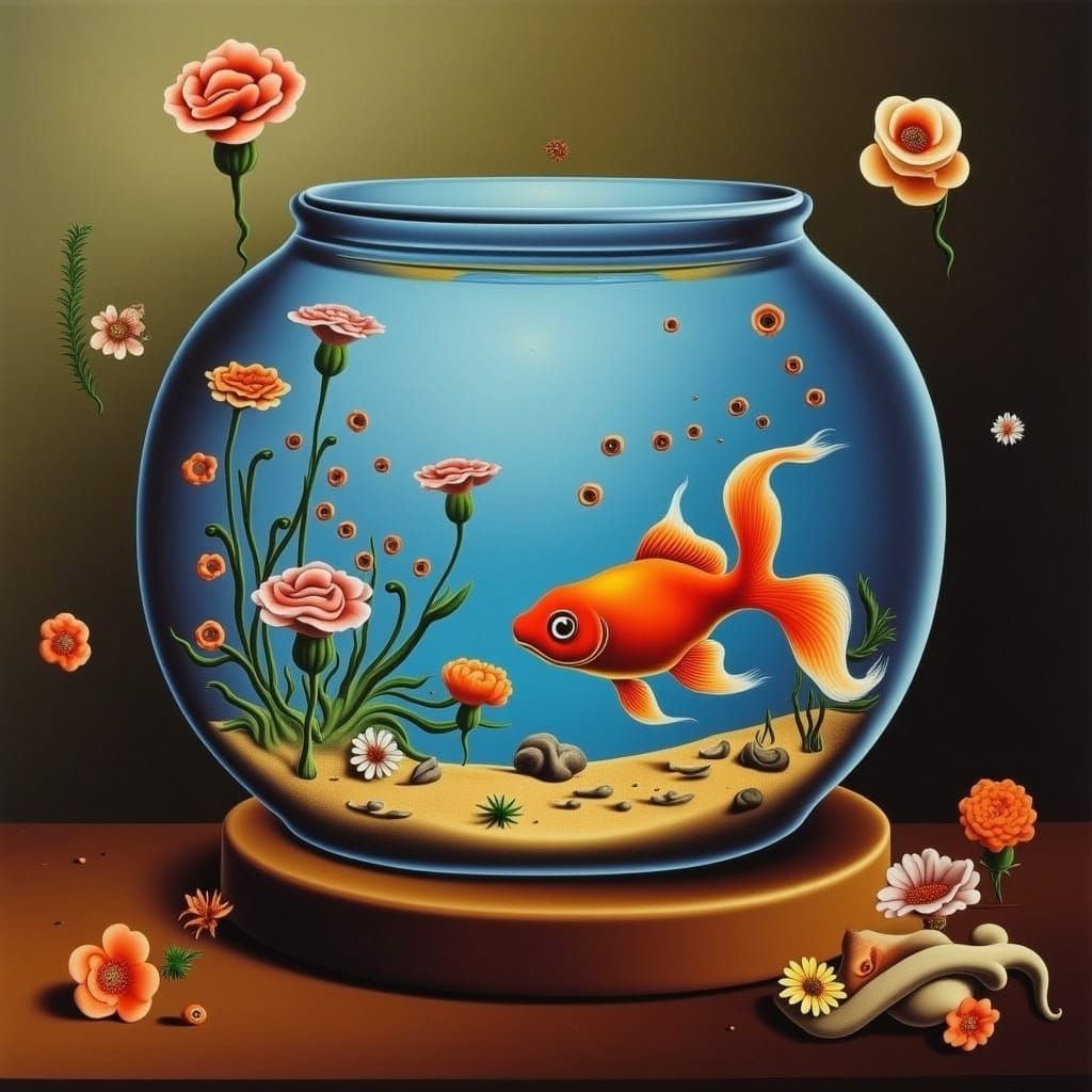 <lora:STRANGE WORLD:1.0> Beautiful round fishbowl with beautiful goldfish, on a table in an asian room, surreal scene