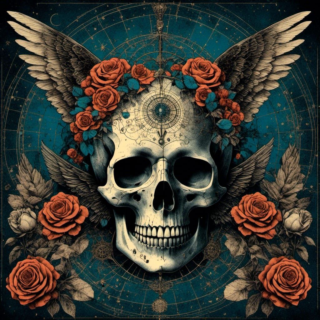 Flying Sugar Skull Diagram with Gothic Elements