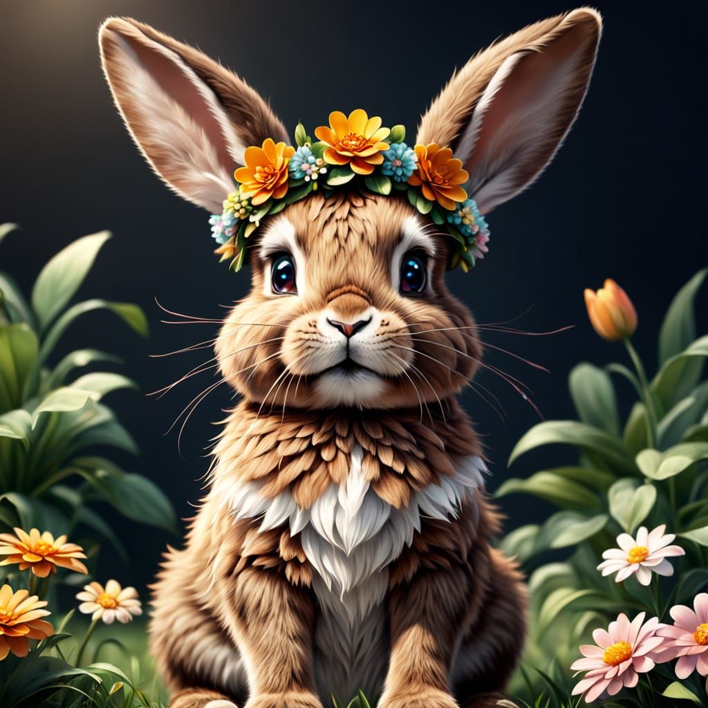 Fluffy Bunny with Flower Crown - Photorealistic Concept Art