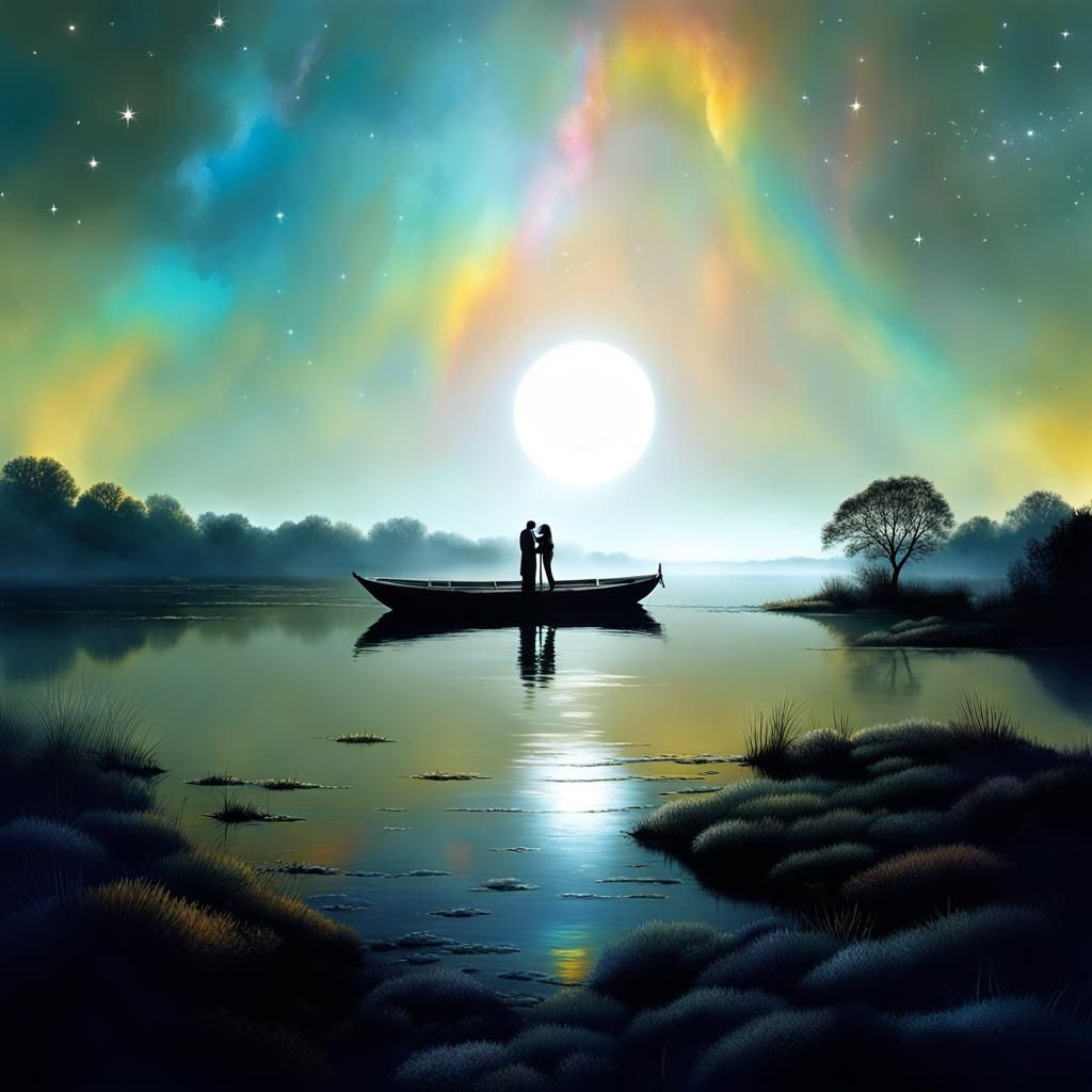 Lovers Embrace Under Rainbow Heart Sky