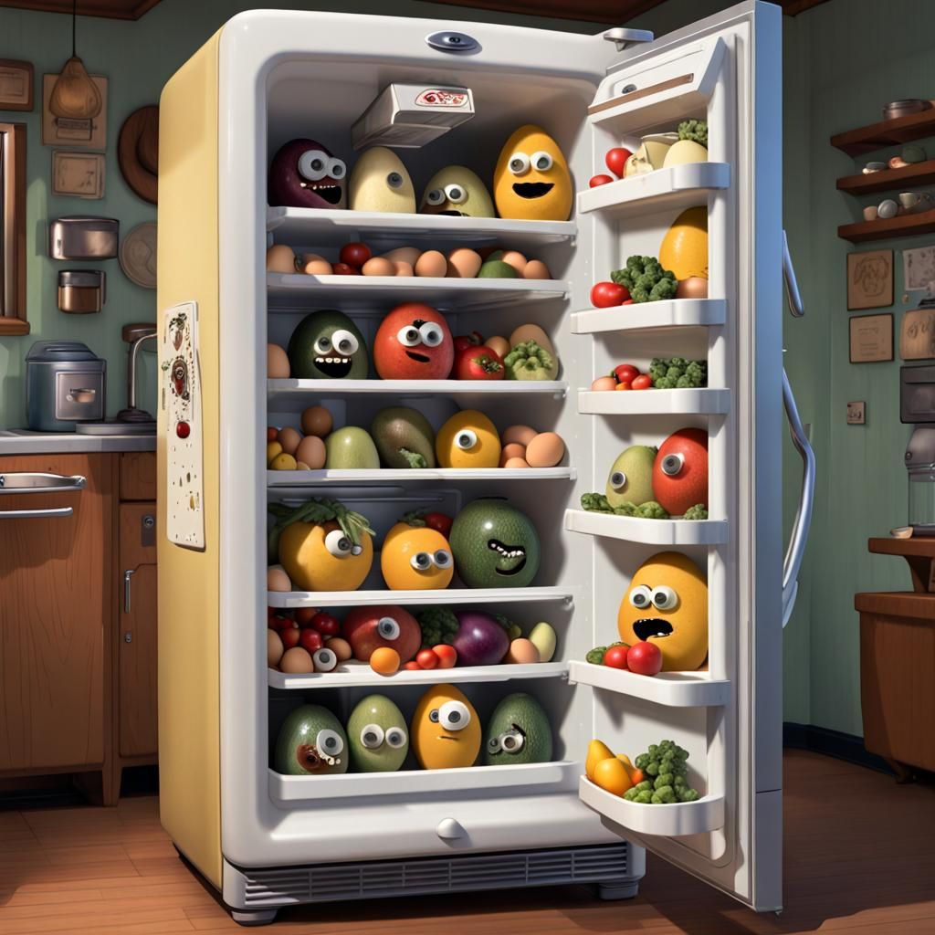 Googly Eyes on Groceries in Retro Refrigerator
