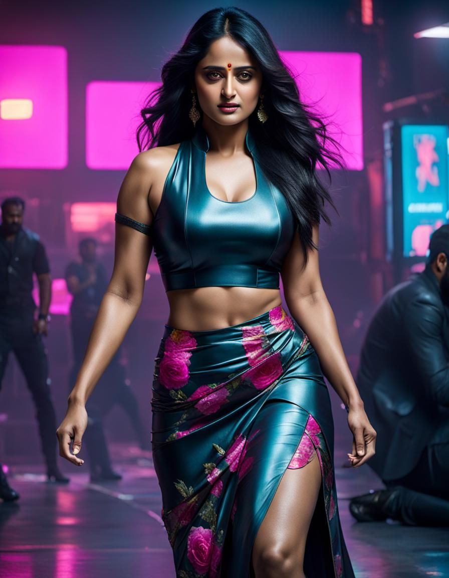 Fantasy Woman with Curvy Figure in Cyberpunk Neon Style