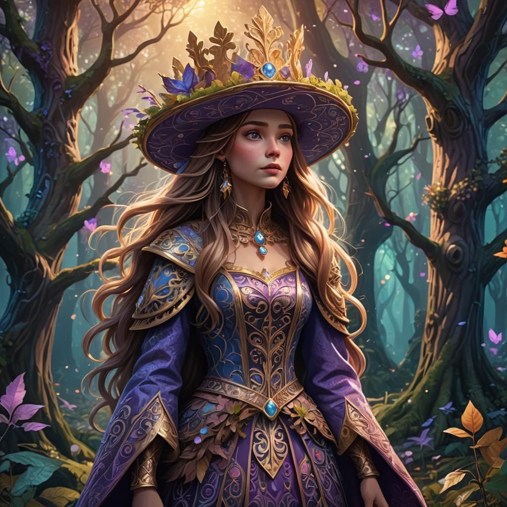 Princess in Mystical Forest: Whimsical Digital Art