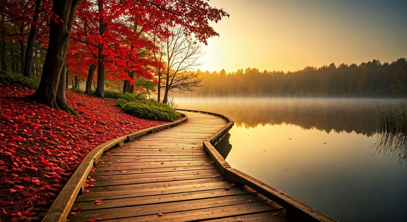 Serene Autumn Boardwalk by Lake at Sunset