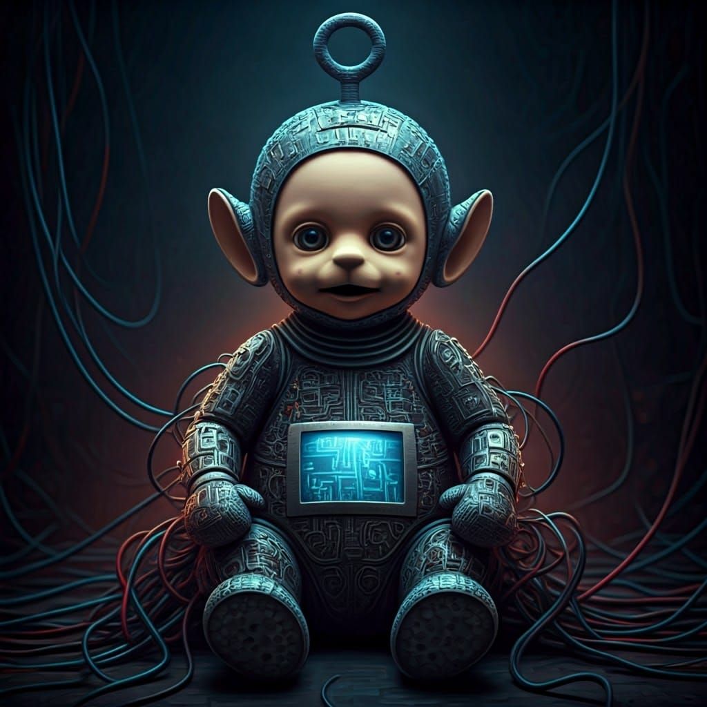 Biomechanical Teletubby Infant in Cyberpunk Horror Aesthetic