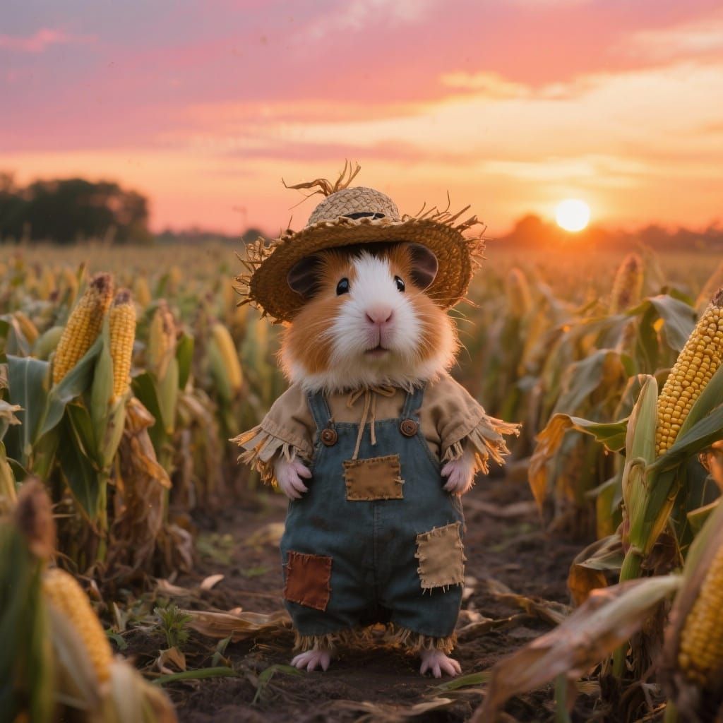 Adorable Guinea Pig Scarecrow in Sunset Cornfield