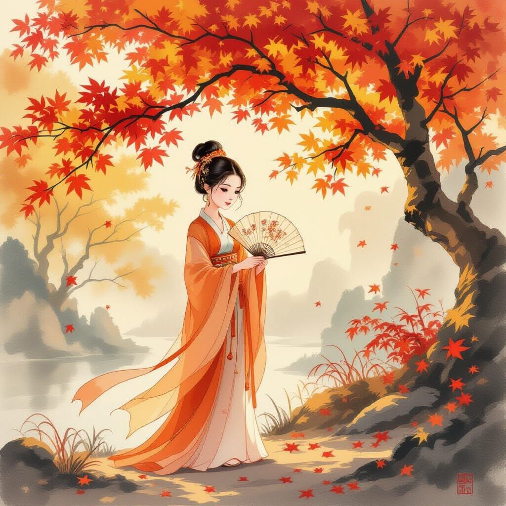 Chinese Girl in Autumn Tree Holding Fan
