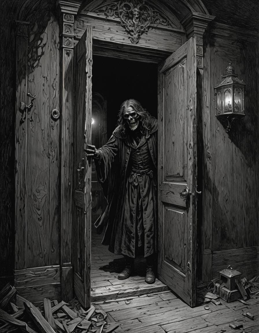 Eerie Lit House in Dark Horror Style