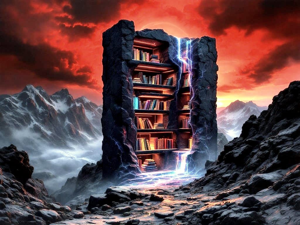 Dramatic Sunset Amongst Black Opal Bookshelves in a Mountain...