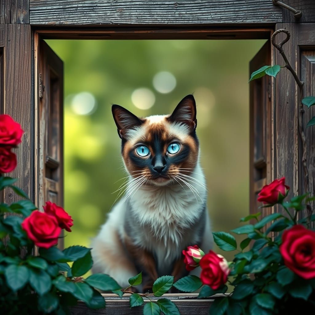 Majestic Siamese Cat in Window with Roses
