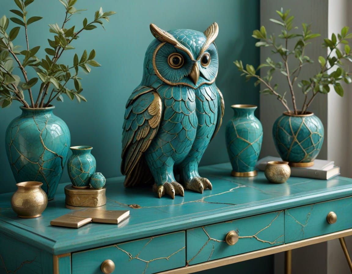 Kintsugi Owl Statue in Turquoise and Cyan