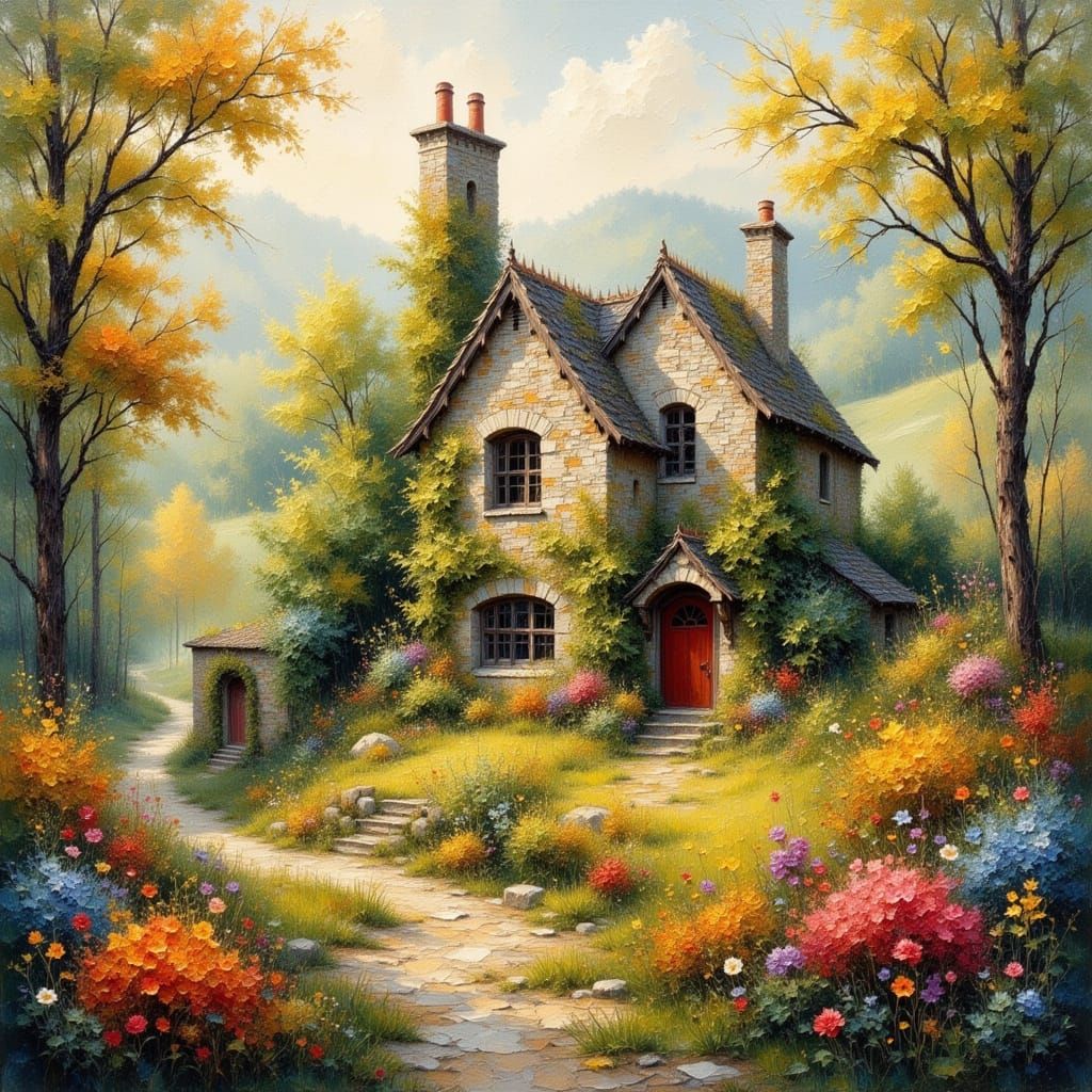 Quaint Village Cottage in Folk Art Style