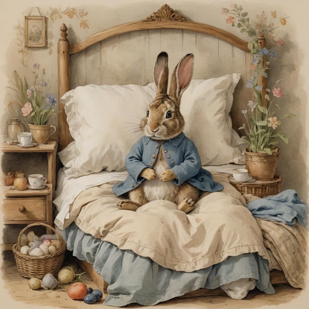 Rabbit in Bed: Beatrix Potter Style Illustration