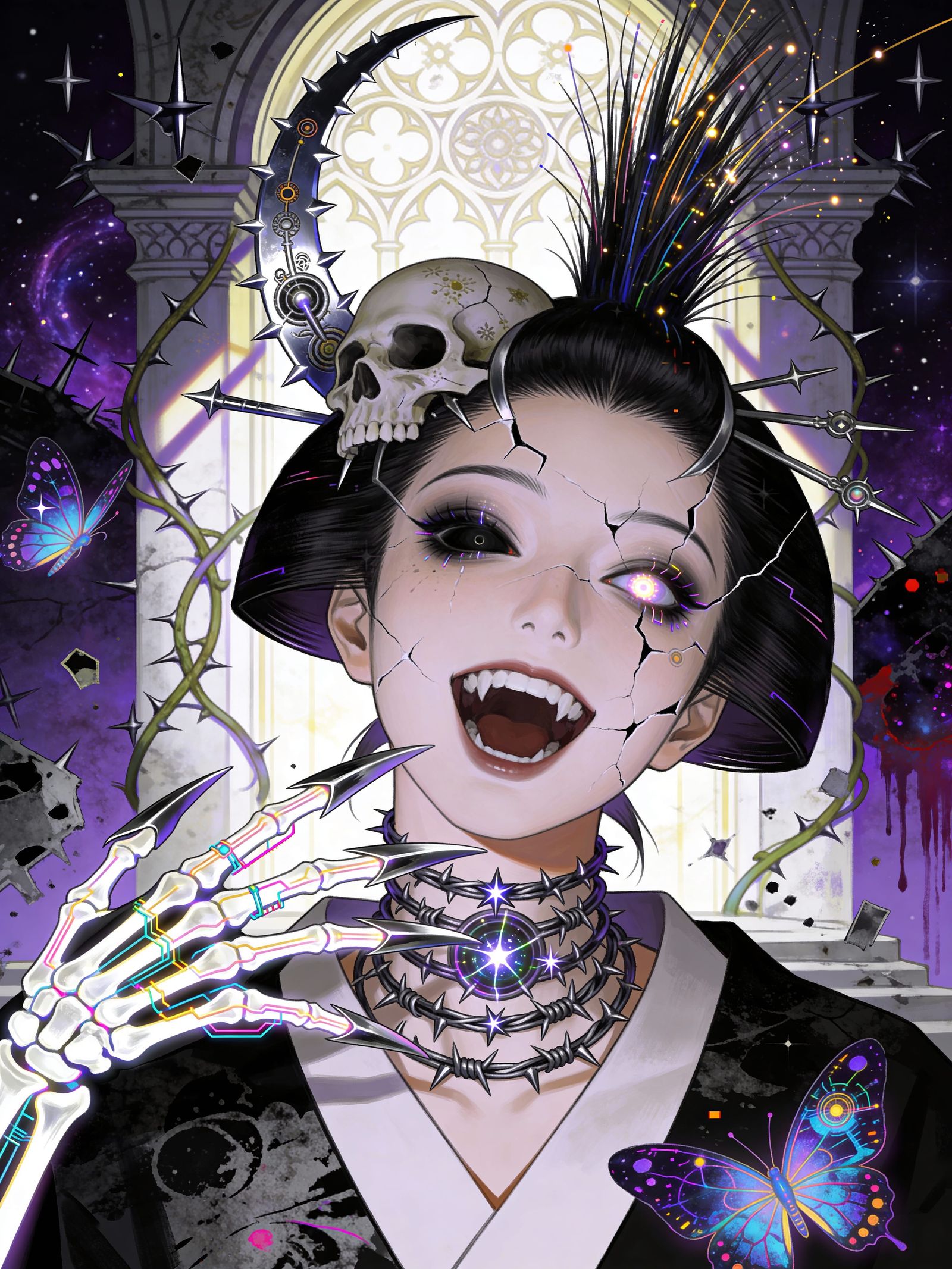 Neon Geisha Portrait Fractured with Cyberpunk Light