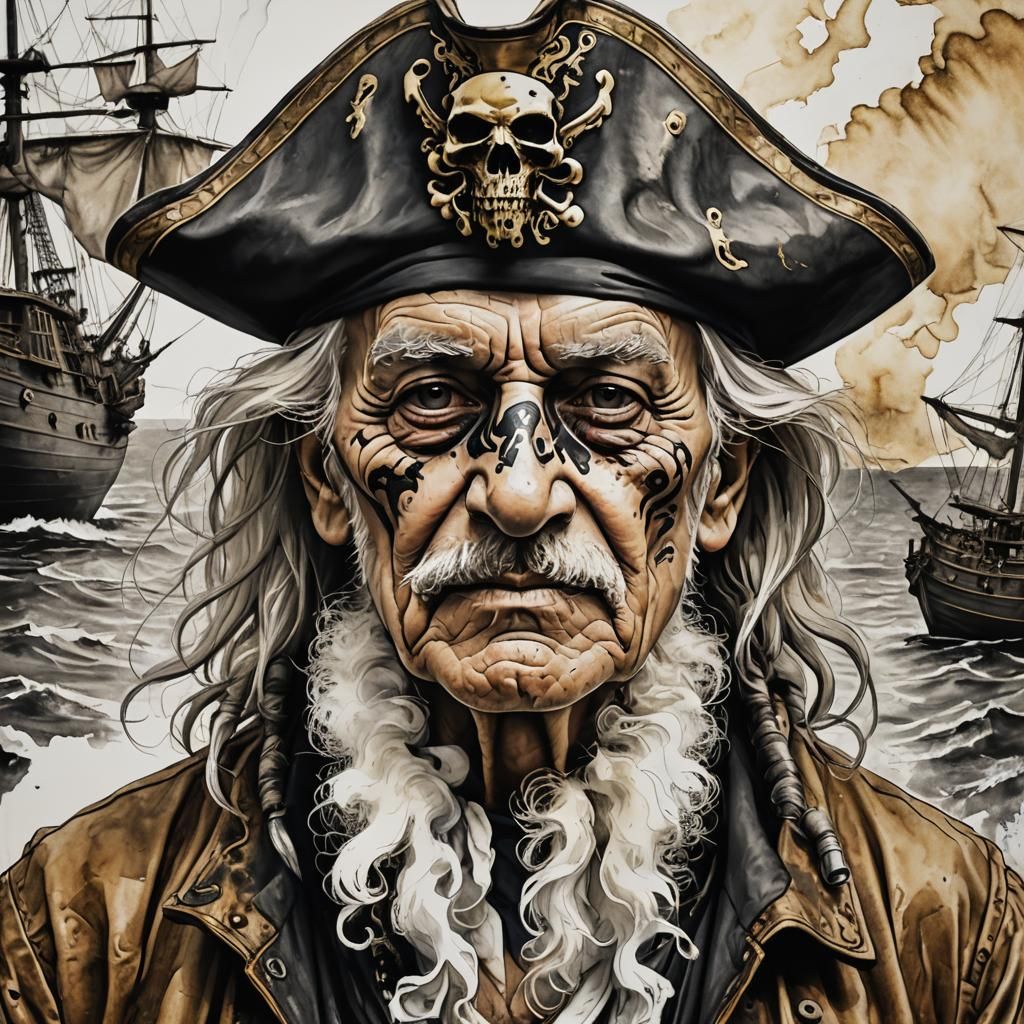 Elderly pirate and his ship.