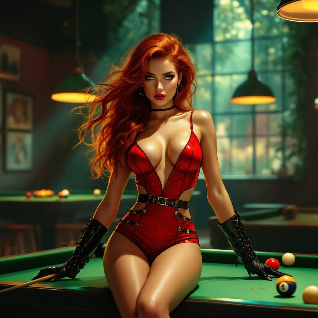Pin-Up Woman with Red Hair Holds Pool Cue