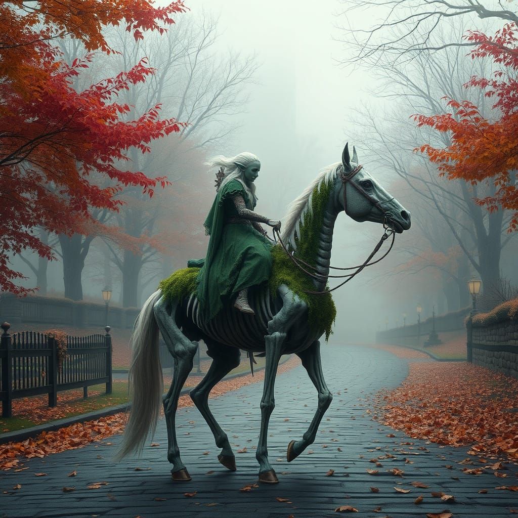 Ethereal Elf Rides Skeletal Horse through Autumn Boston Land...