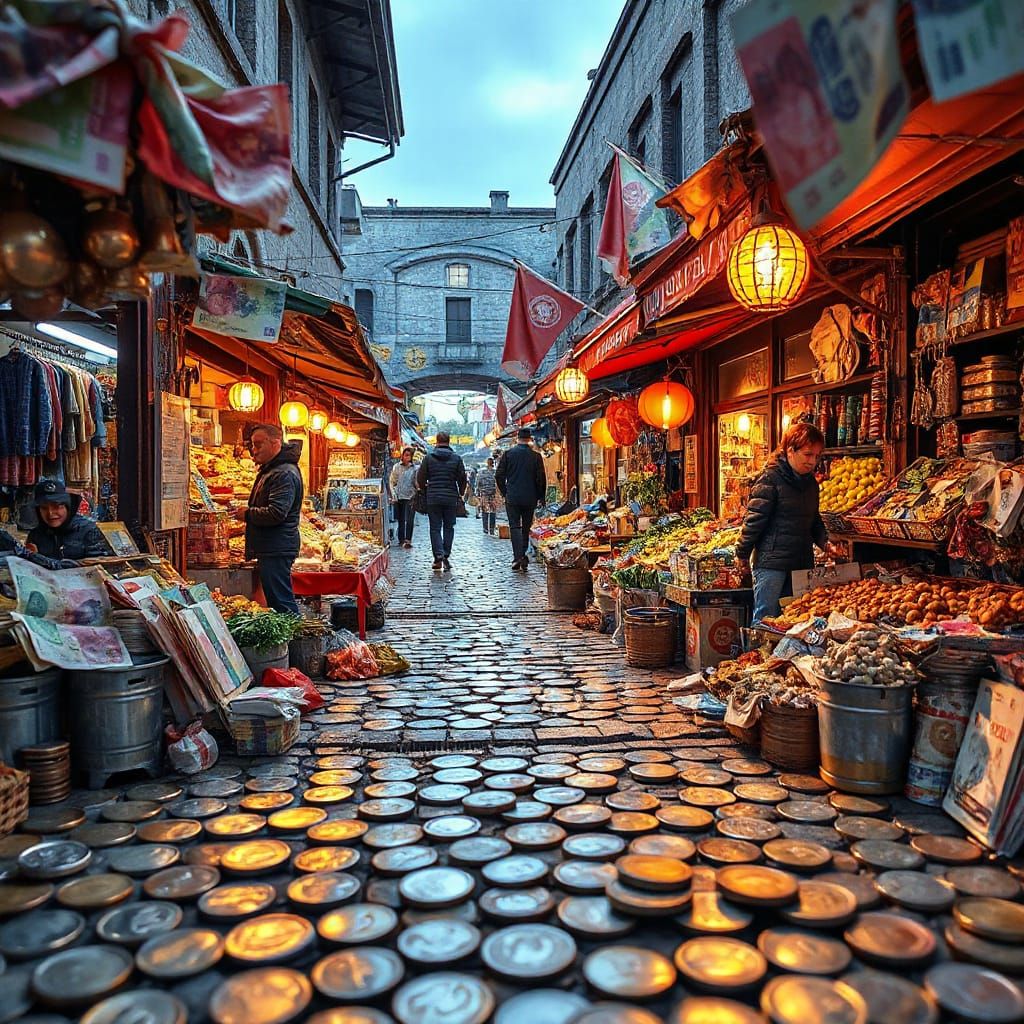 Vibrant Watercolor Marketplace Made of Money