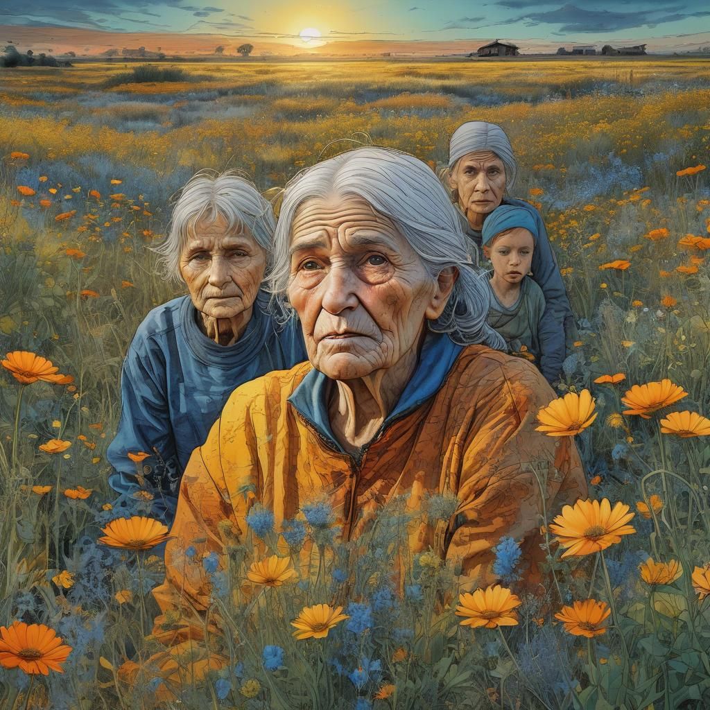 Anxious Grandmother and Grandchildren in Hyperrealistic Sunr...