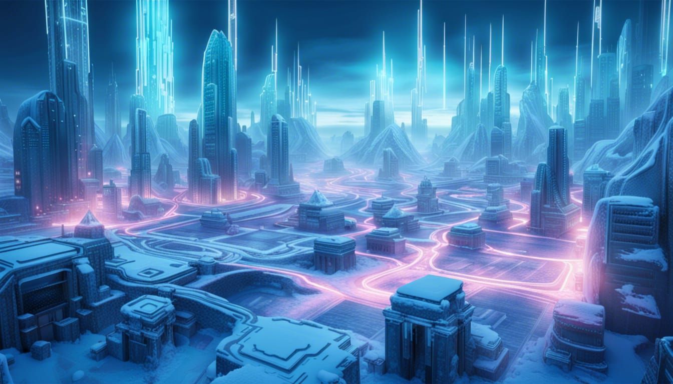 Futuristic Neon City of Ice and Snow