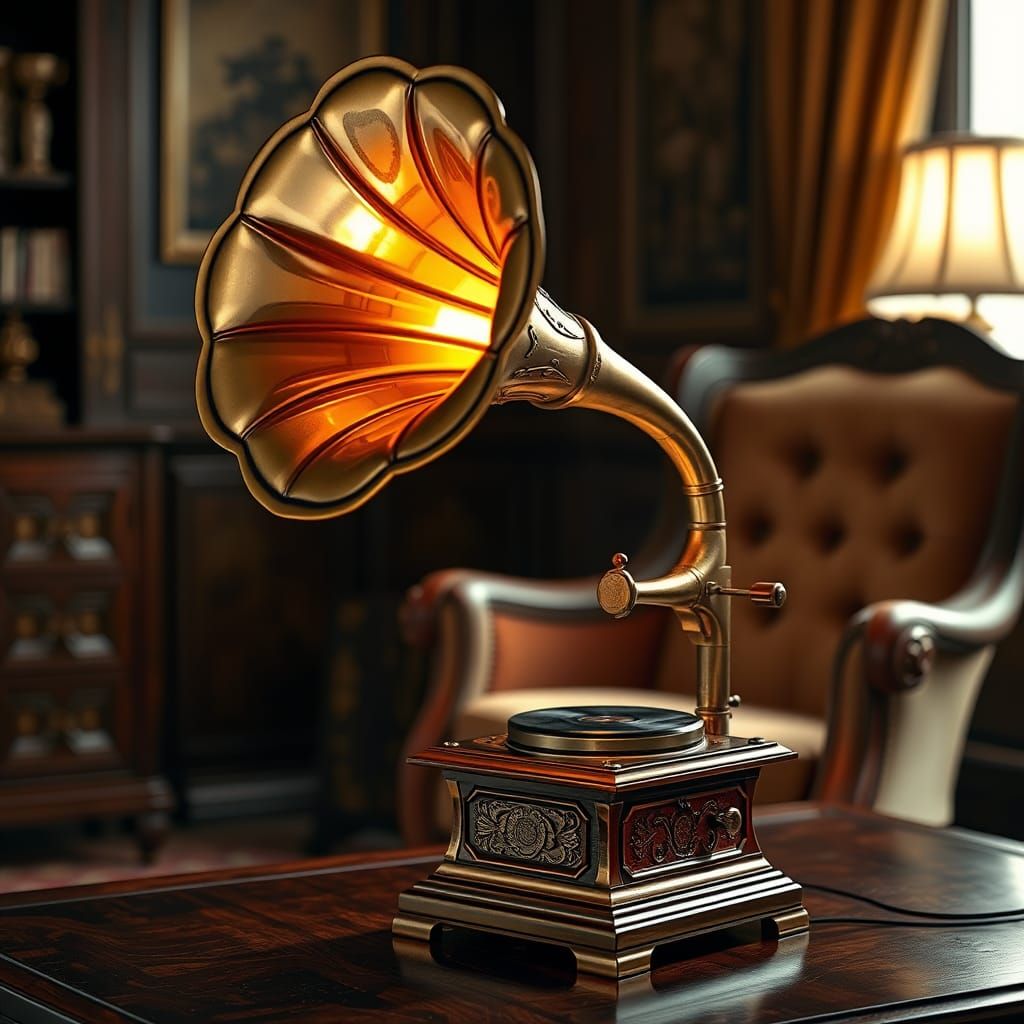 a realistic, vintage-inspired table lamp shaped like a gramophone from the early 20th century