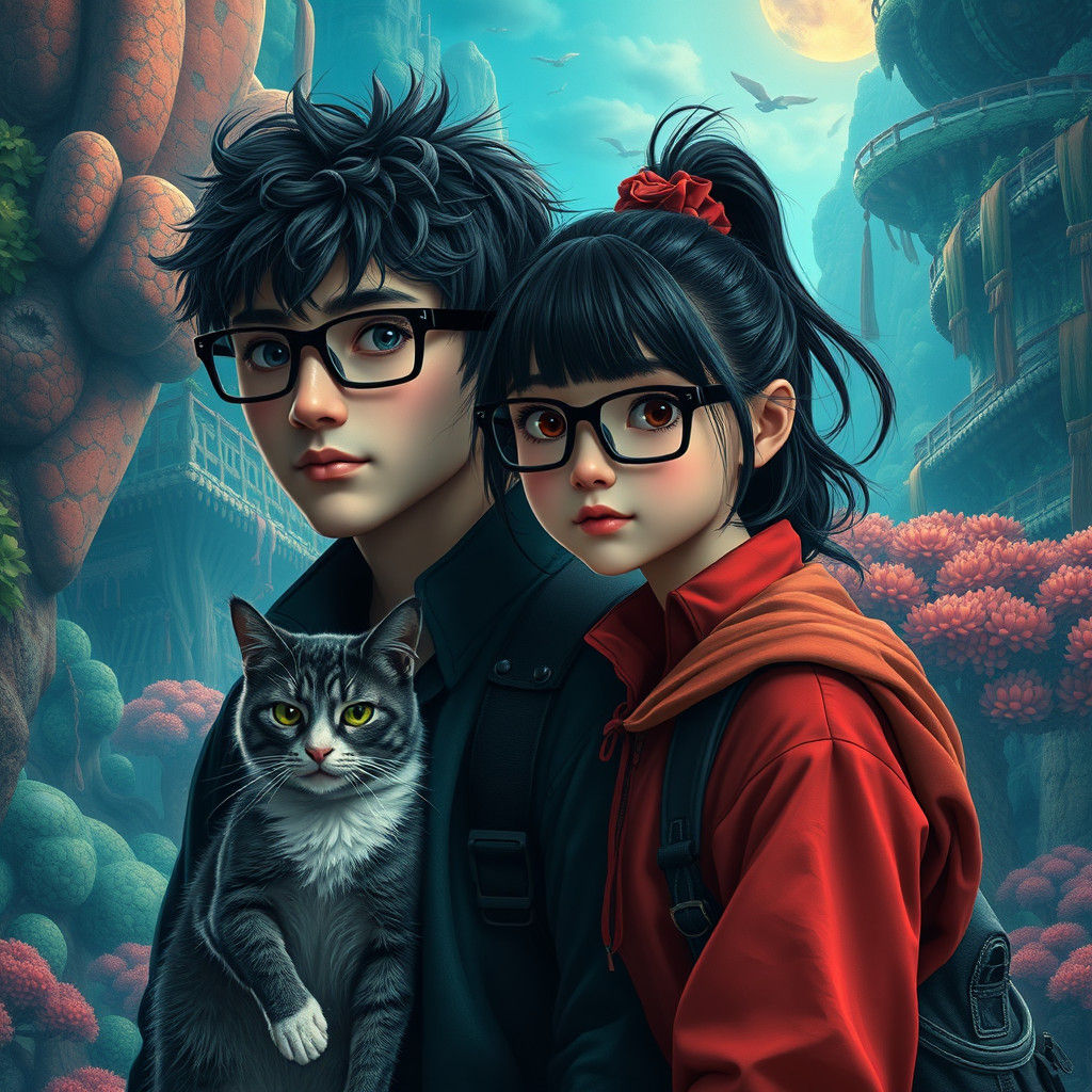 Couple with Cat in Detailed Fantasy Landscape