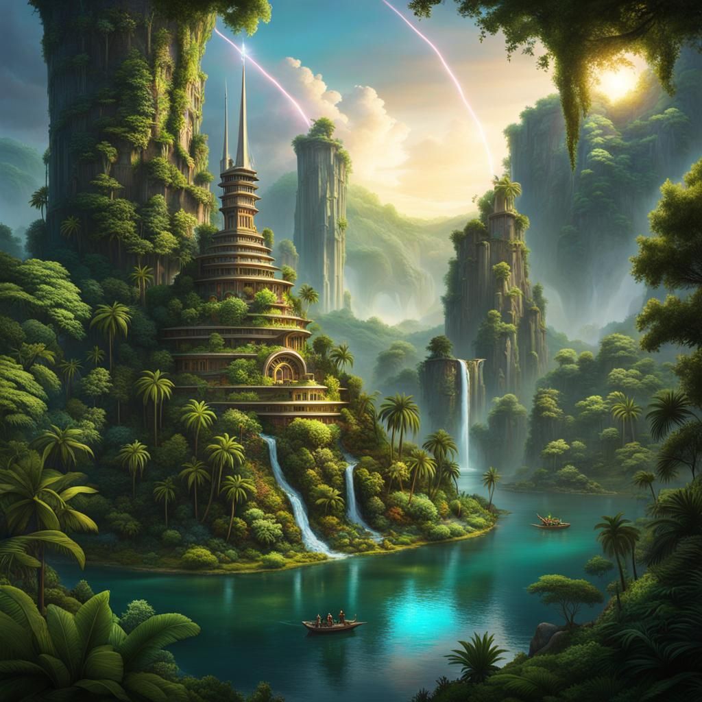 Solarpunk Spire Amidst Jungle Island Paradise