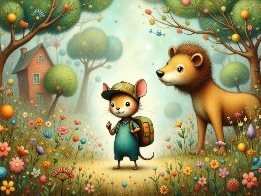 The Brave Mouse Leads the Lion in a Whimsical Storybook Fore...