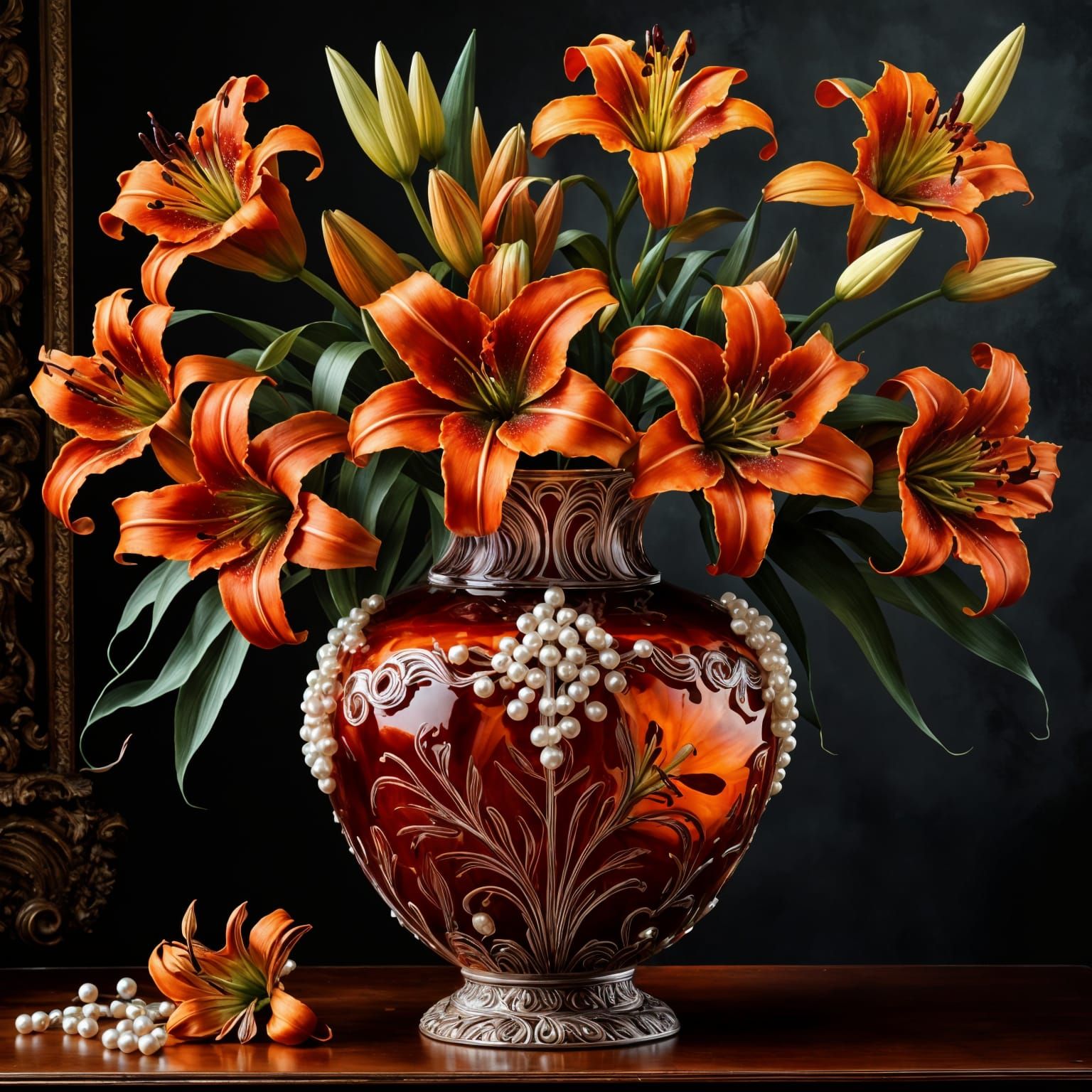 Stunning Orange Glass Vase of Dark Red Lilies