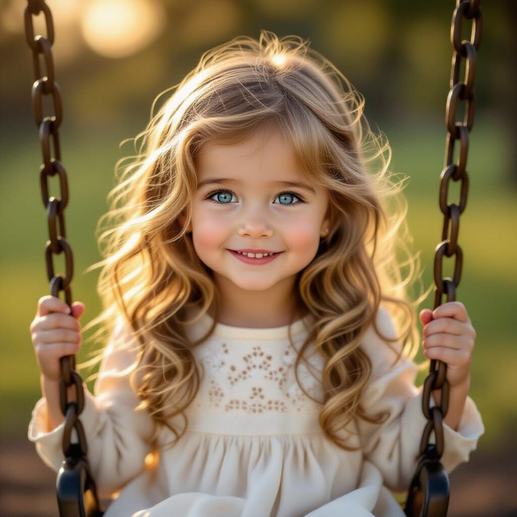 Photorealistic Portrait of a 2-Year-Old Girl on a Swing