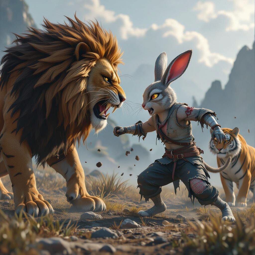 Epic Battle: Rabbit vs Lion in Anime Style