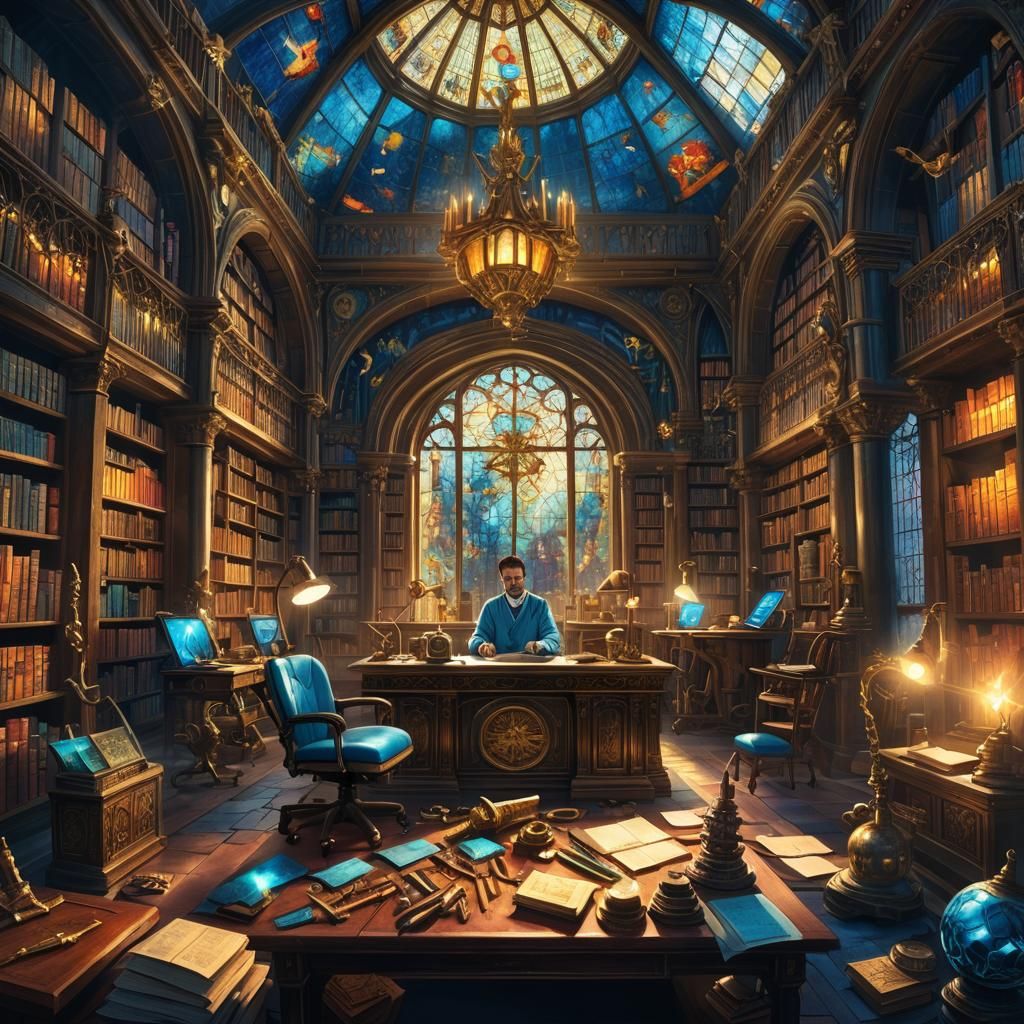Mystical Dentist in Ancient Library: Fantasy Concept Art